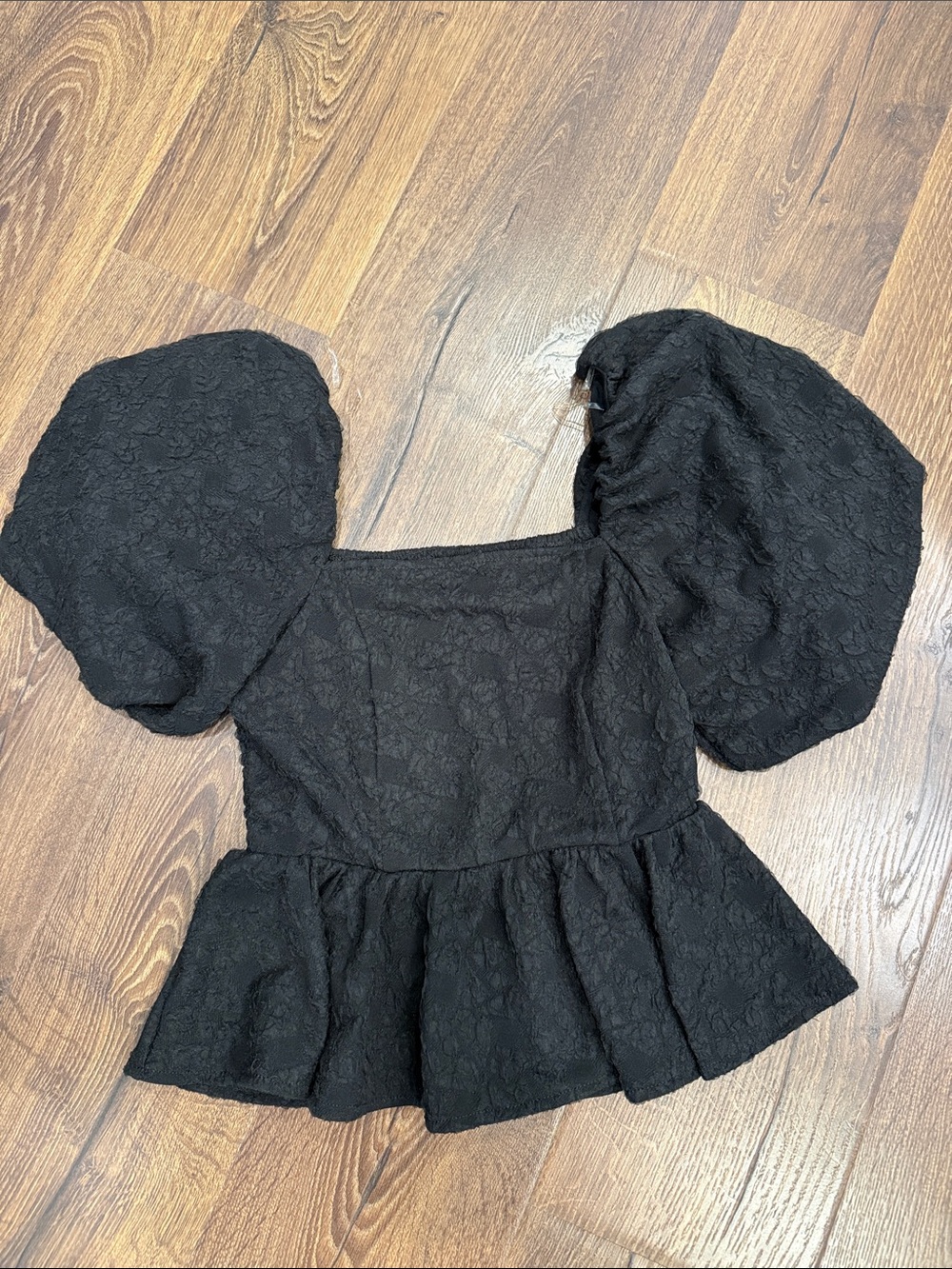 Women's Black Puff Sleeve Lace Peplum Blouse